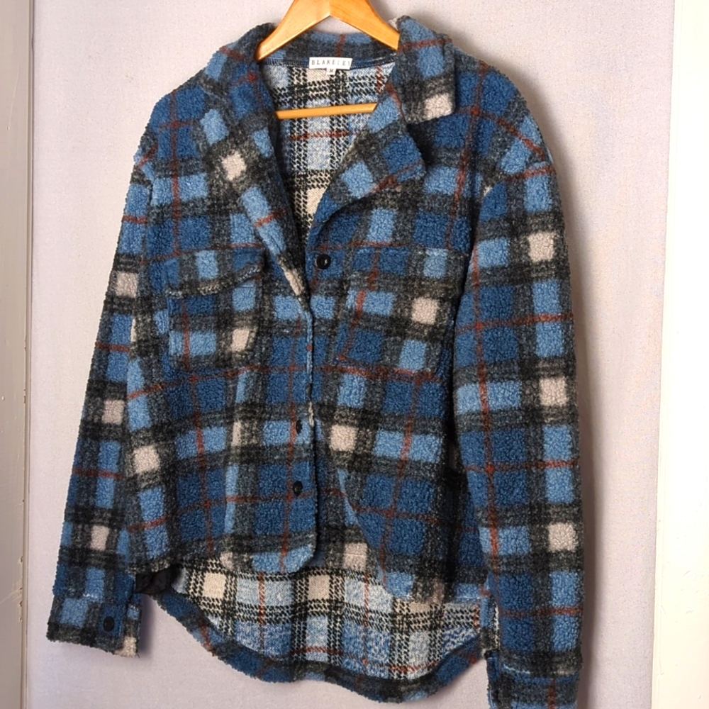 BLAKELY Women's Blue Plaid Sherpa Teddy Shirt Jacket